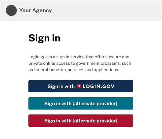 An example agency website page with the heading "Sign in" and three full width buttons labeled "Sign in with Login.gov" and "Sign in with [alternate provider]"